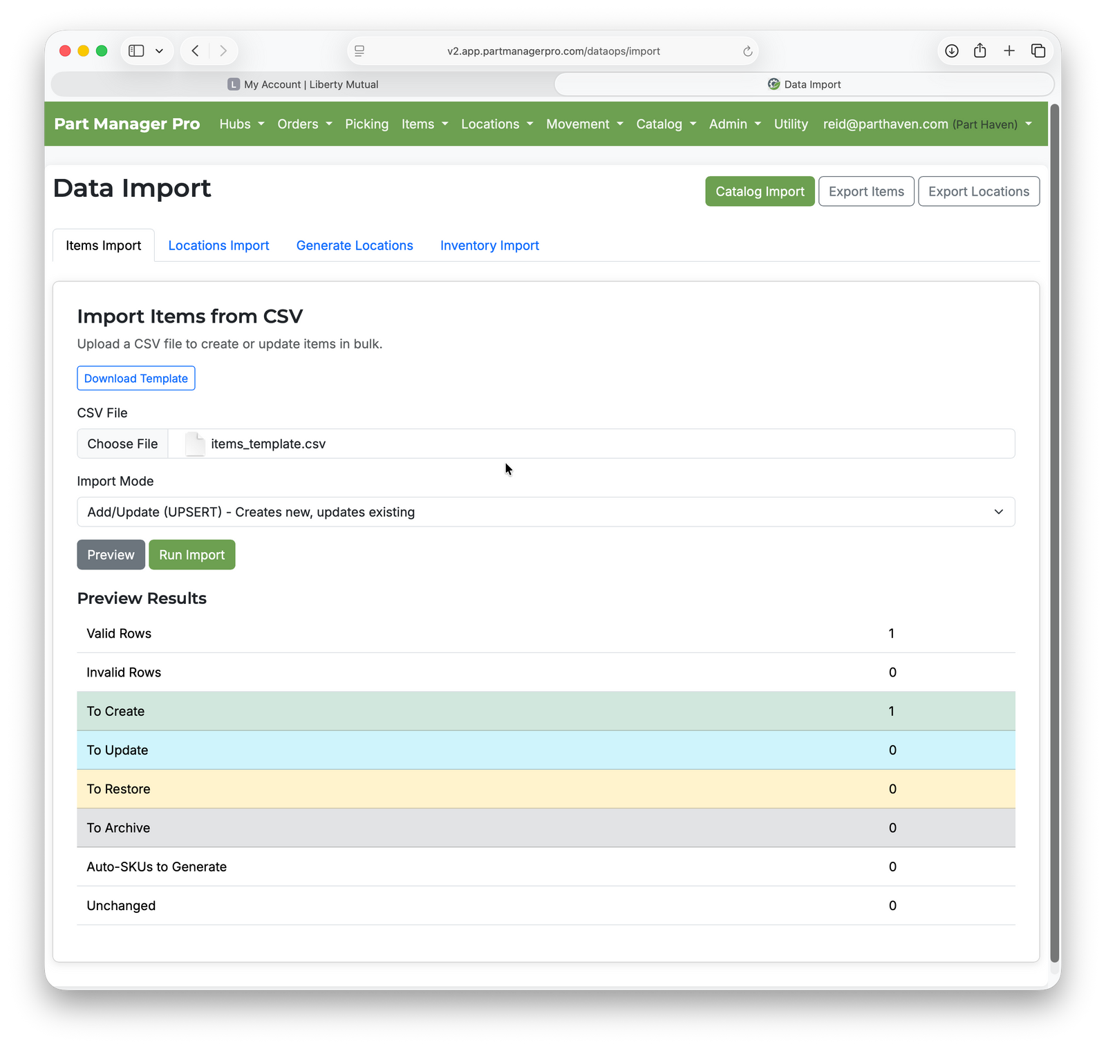 Part Manager Pro CSV import preview results showing create, update, restore, archive, and auto-SKU counts