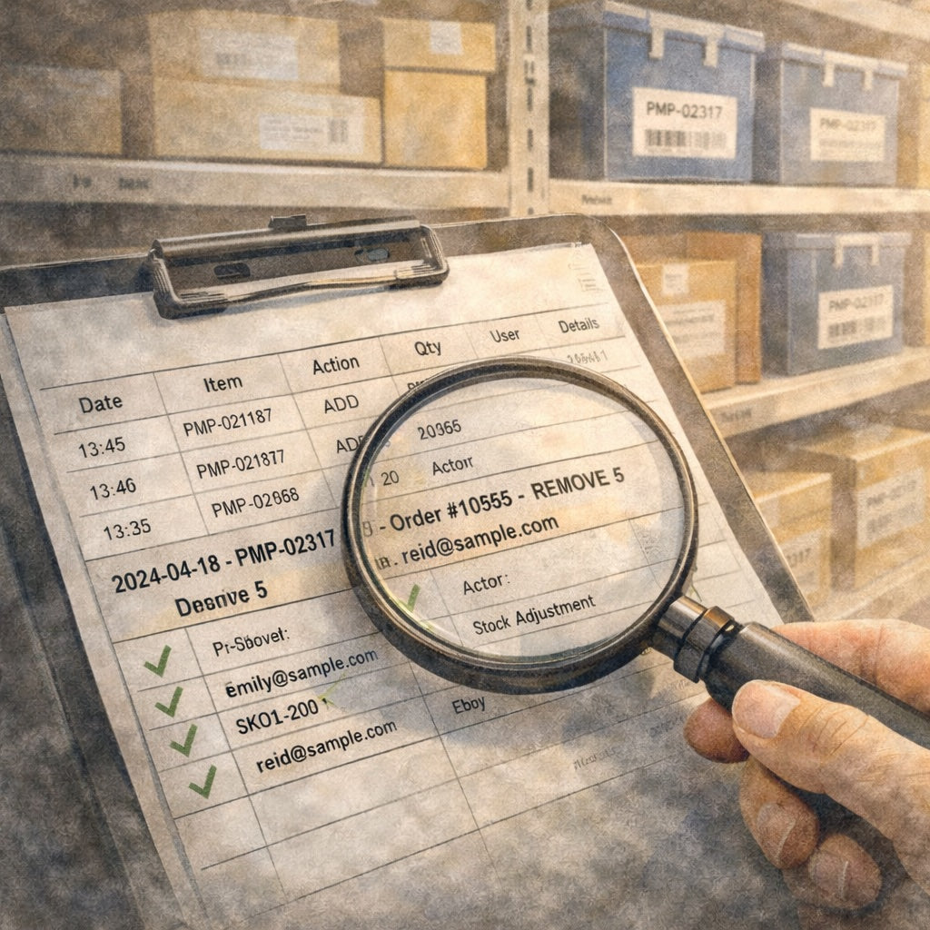 Tablet showing a log of inventory ledger entries with a magnifying glass highlighting one row, alongside organized shelves with labeled bins.