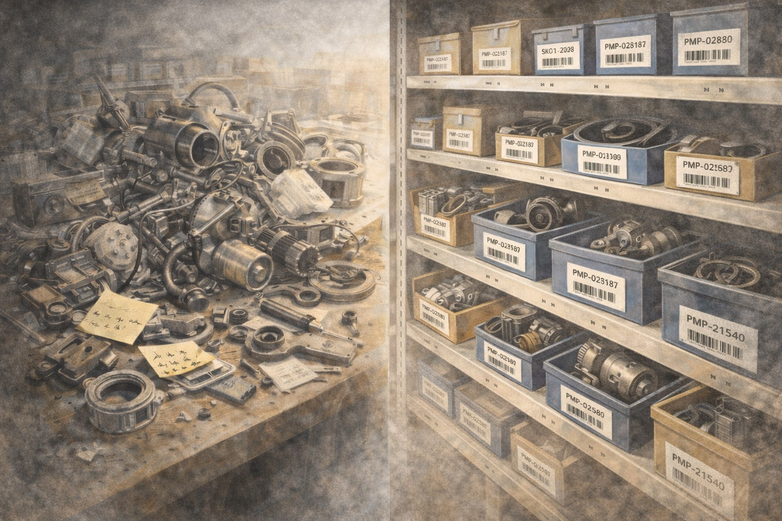 Split scene — chaotic disassembled machine parts on a workbench on the left, the same parts organized in labeled bins with barcodes on the right, alongside a phone showing the catalog record.