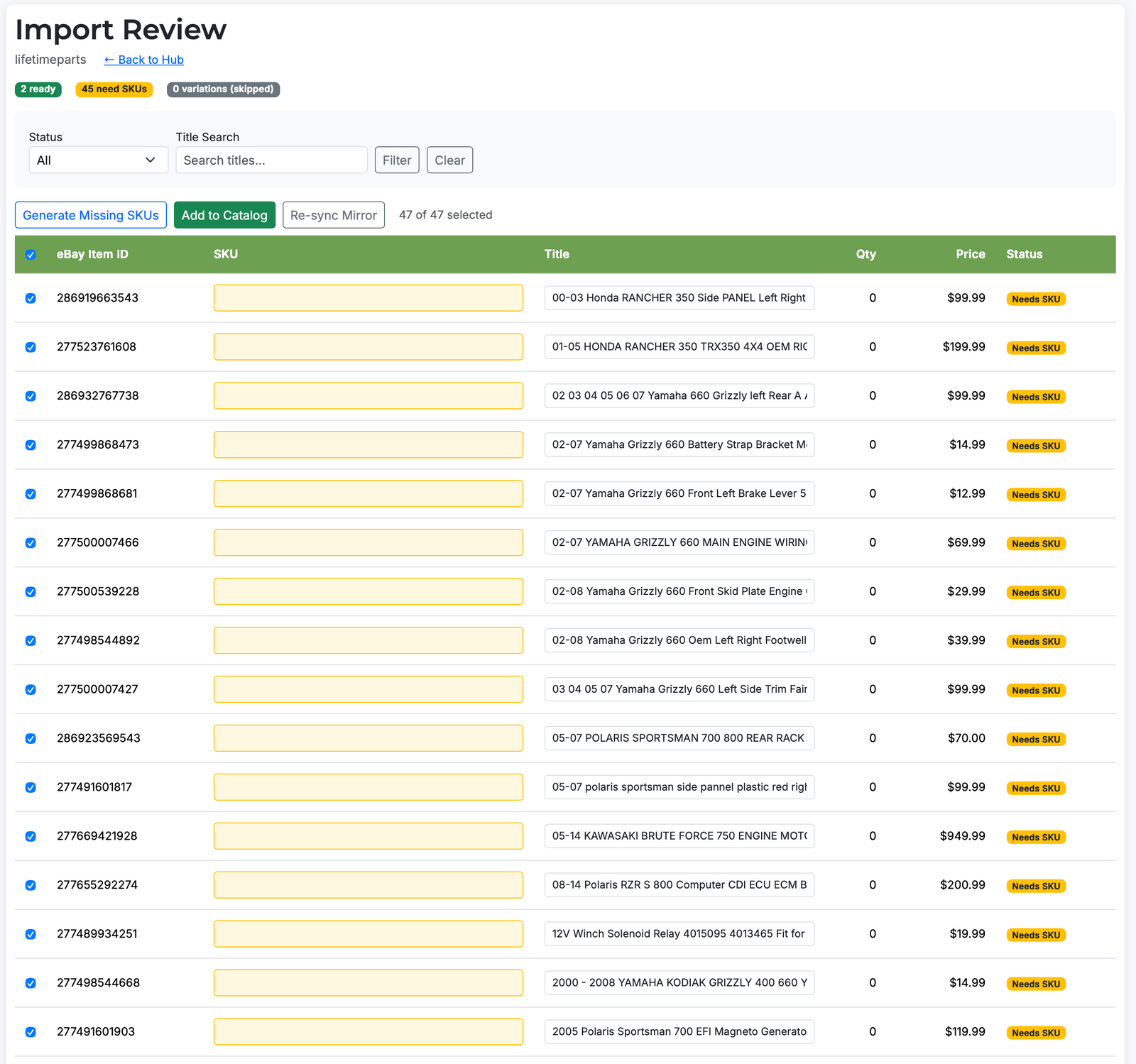 PMP Import Review page showing eBay listings with missing SKUs and yellow Needs SKU status badges