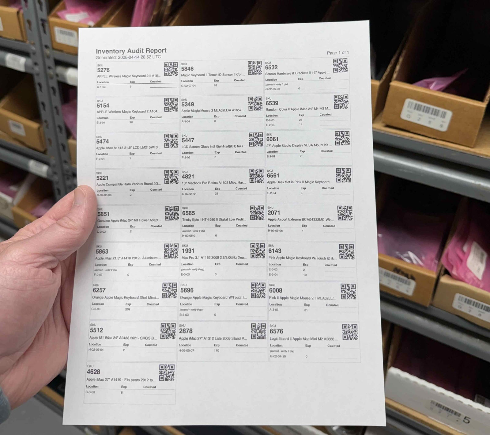 Part Manager Pro printed inventory audit report with SKUs, QR codes, and locations