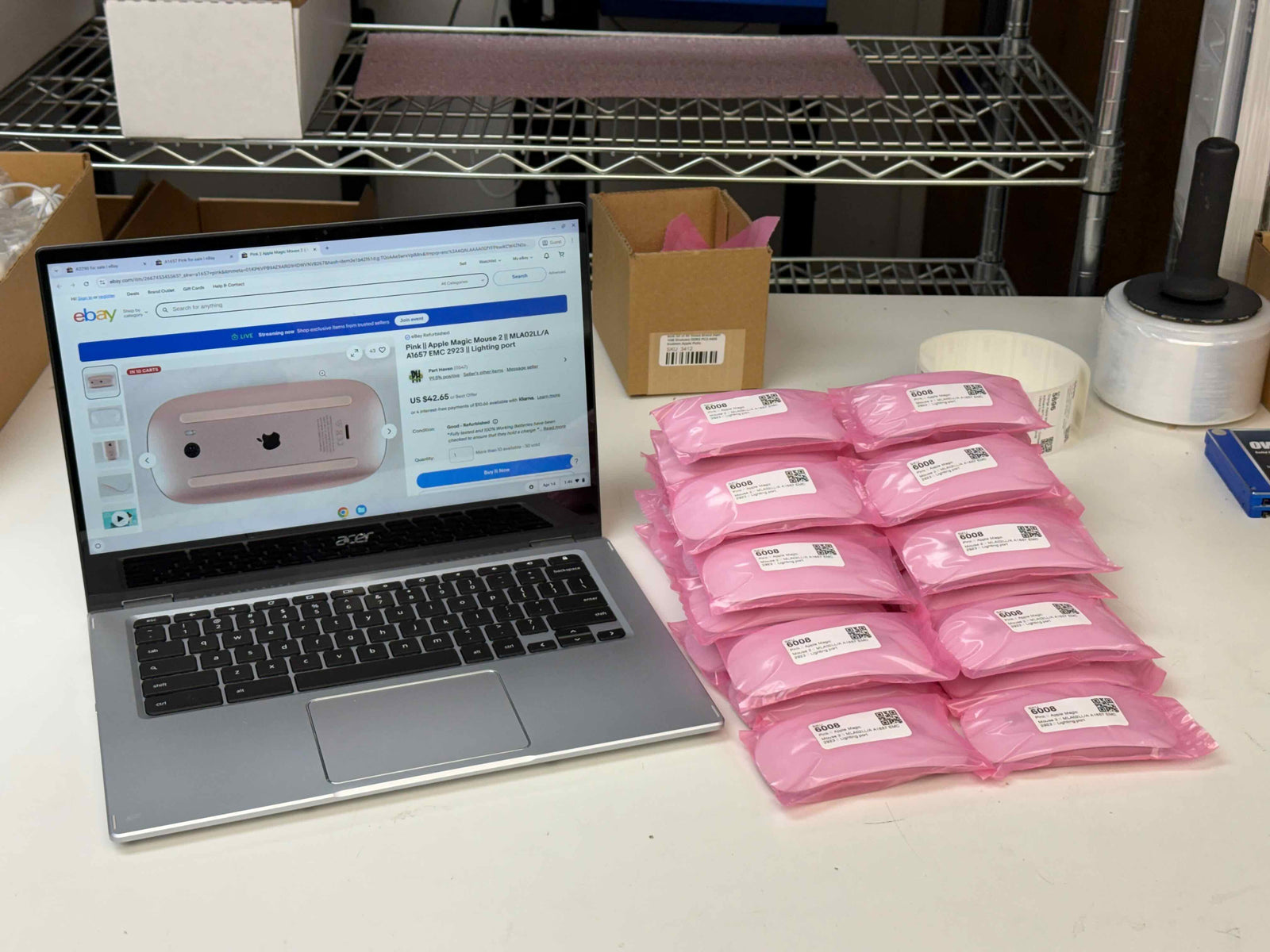 Part Manager Pro eBay listing synced with labeled packaged inventory on bench
