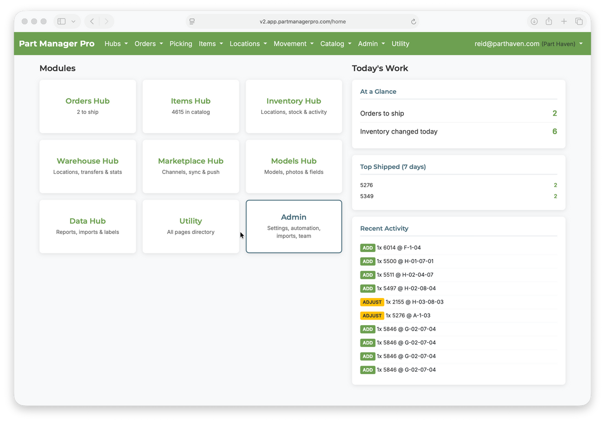 Part Manager Pro — Home Dashboard