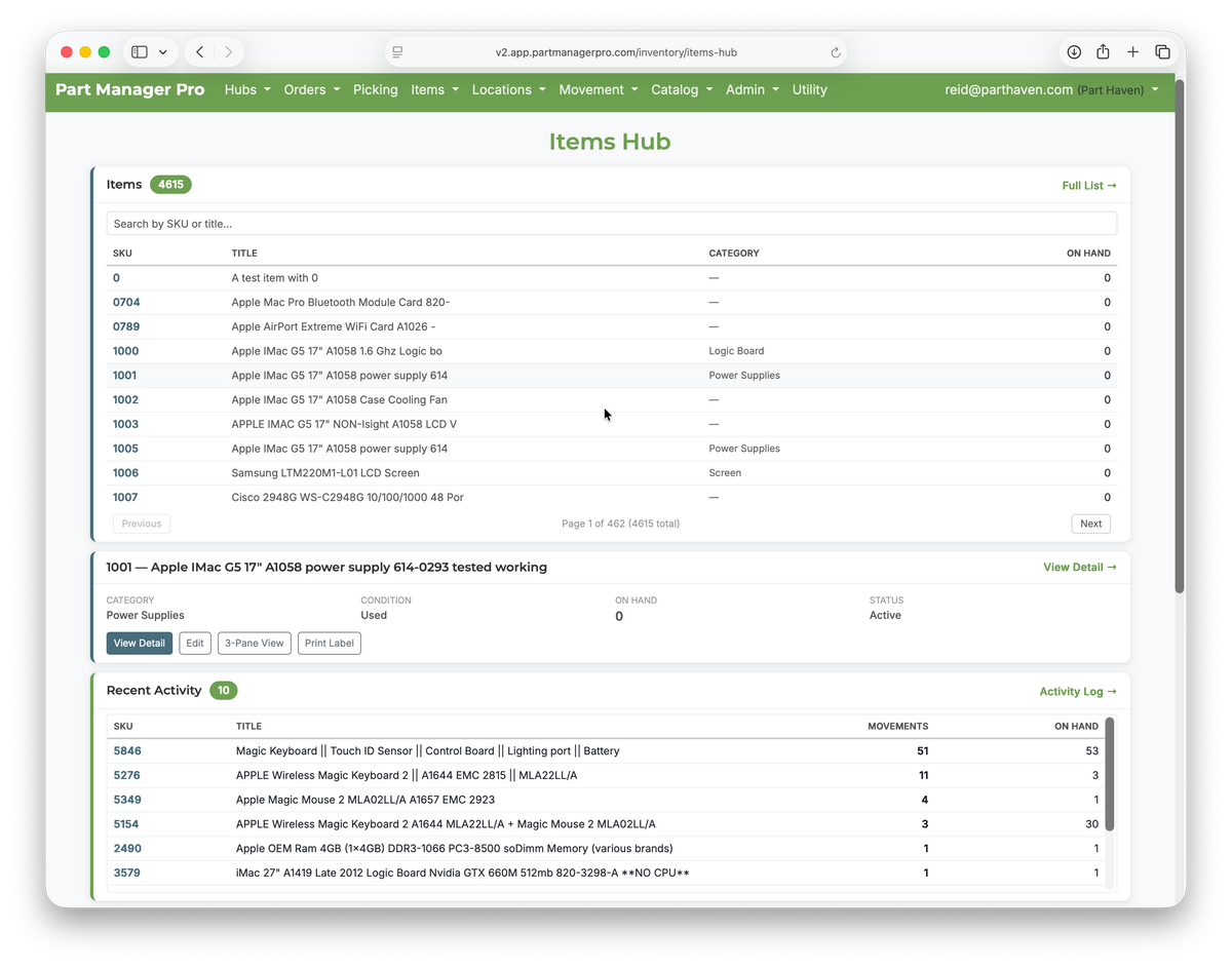 Items Hub — catalog and item detail