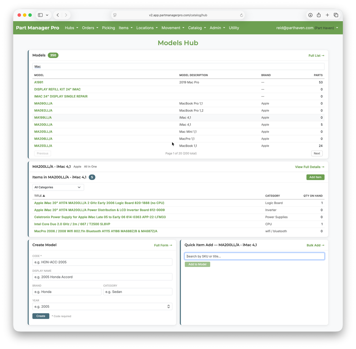 Models Hub — items linked to a model