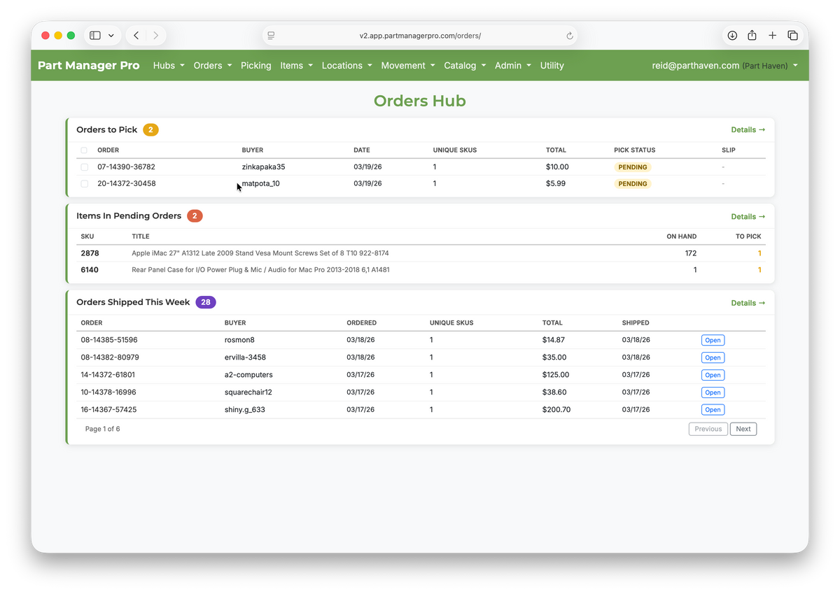 Orders Hub — pick queue and fulfillment