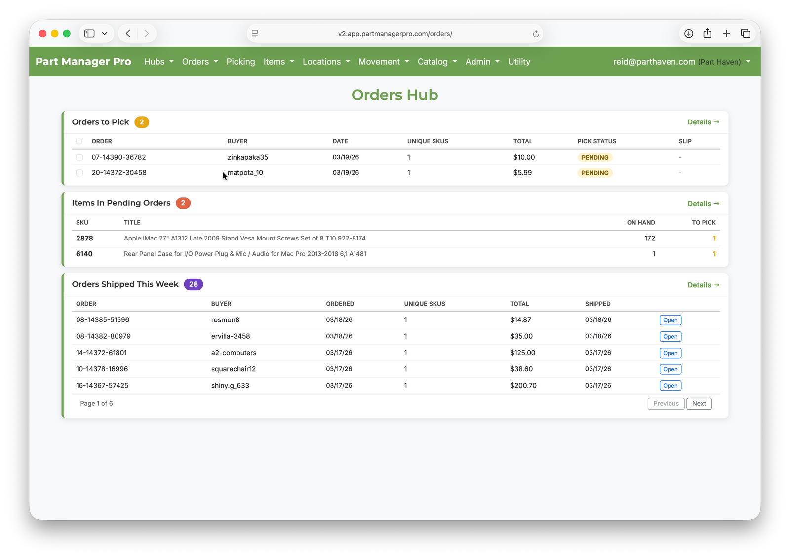 Orders Hub — pick queue and fulfillment