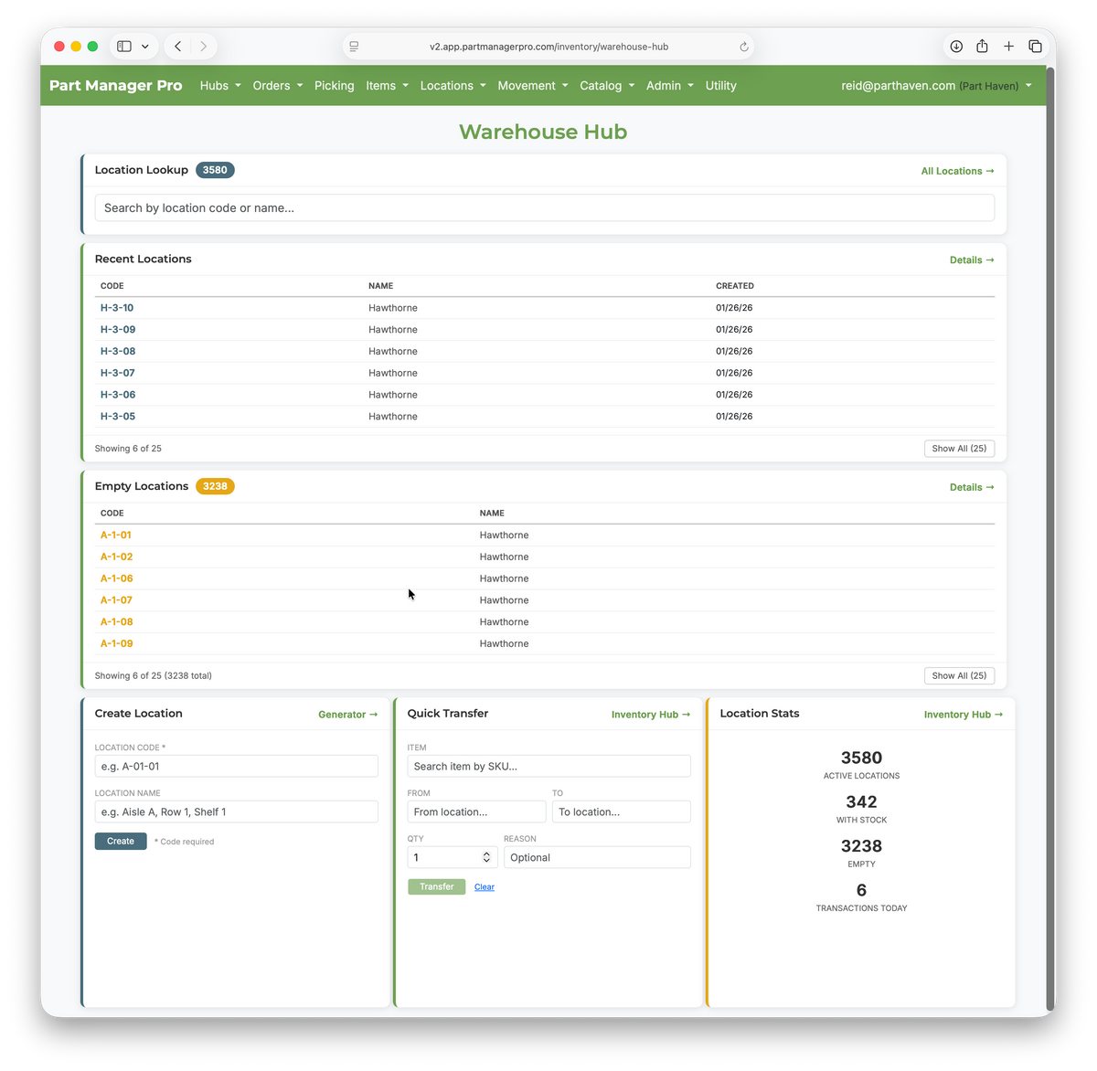 Warehouse Hub — locations and transfers