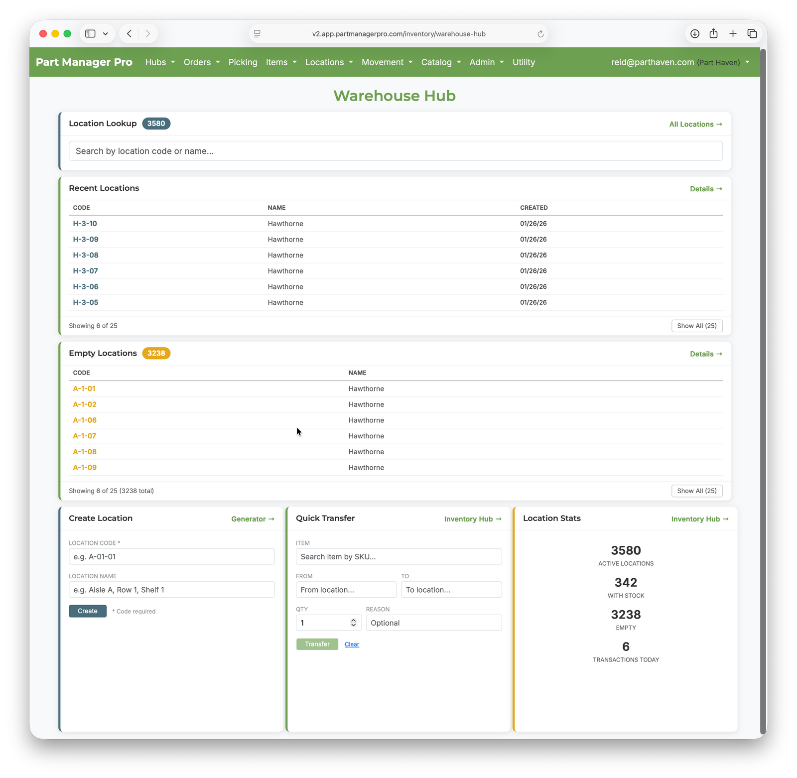 Warehouse Hub — locations and transfers